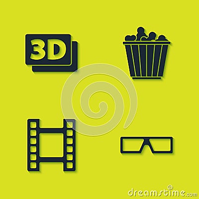 Set 3D word, cinema glasses, Play Video and Popcorn box icon. Vector Vector Illustration