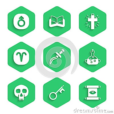 Set Dagger, Old key, Ancient magic scroll, Poison in bottle, Skull, Aries zodiac, Christian cross and Mars icon. Vector Vector Illustration