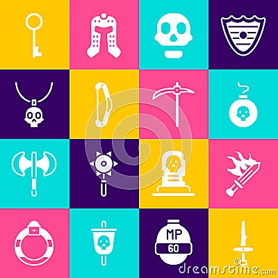 Set Dagger, Sword for game, Bomb ready to explode, Skull, Medieval bow, Necklace amulet, Old key and Pickaxe icon Stock Photo