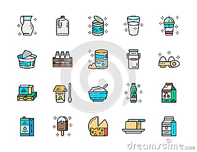 Set of Dairy Products Flat Color Icons. Milk, Cream, Kefir, Yogurt, Milkshake. Vector Illustration
