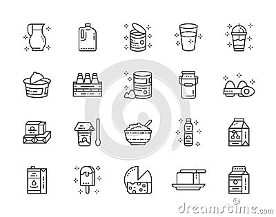 Set of Dairy Products Line Icons. Milk, Cream, Kefir, Yogurt, Milkshake and more Vector Illustration