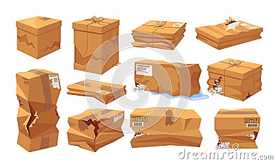 Set of Damaged Cardboard Boxes Isolated on White Background. Broken Boxes with Bent Edges, Torn Sides, Dented Corners Vector Illustration