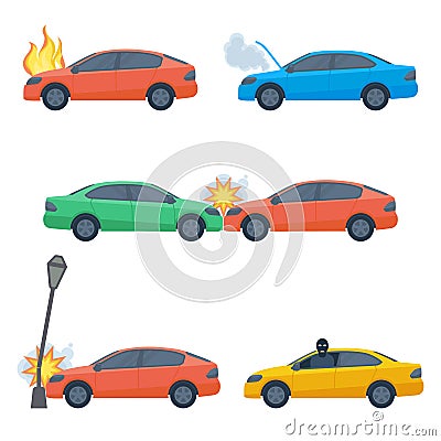 Set of damaged cars crashed in street lamp, accident collided Vector Illustration