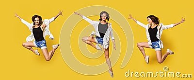 Set of Dancer Women Jumping in Air over Yellow. Happy Smiling Positive Woman Dancing Hip Hop in White Shirt Stock Photo