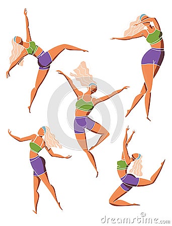 Set of dancing girl poses. Female character in different choreographic positions in sportswear. Colorful vector Vector Illustration
