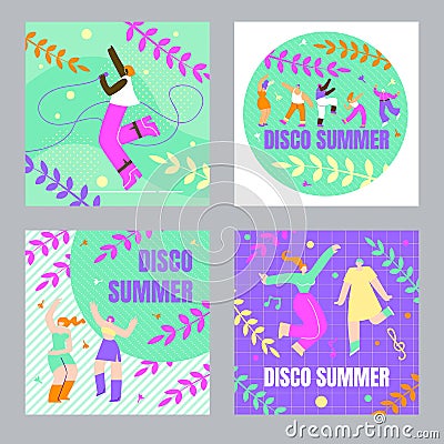 Set Dancing People, Poster Disco Summer Cartoon. Vector Illustration