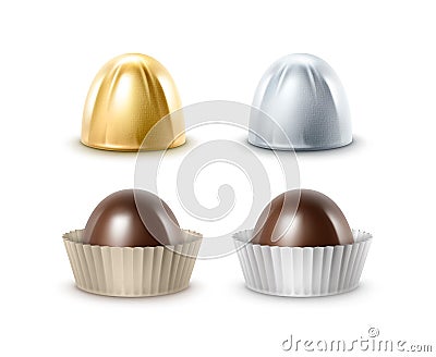 Set of Dark Black Bitter Chocolate Candies in Papper Foil Vector Illustration