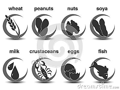 Set of dark grey circular symbols with the most common food allergies. Icon of wheat, peanuts, nuts, soya, milk, crustaceans, eggs Vector Illustration