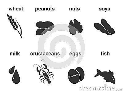 Set of dark grey symbols of the most common food allergies. Icon of wheat, peanuts, nuts, soya, milk, crustaceans, eggs, fish. Vector Illustration