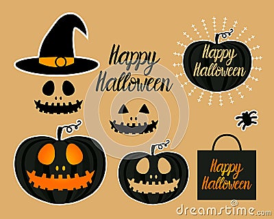 Set Dark Jack lantern pumpkin Happy Halloween jackolantern. Vector illustration isolated on gold background. Vector Illustration