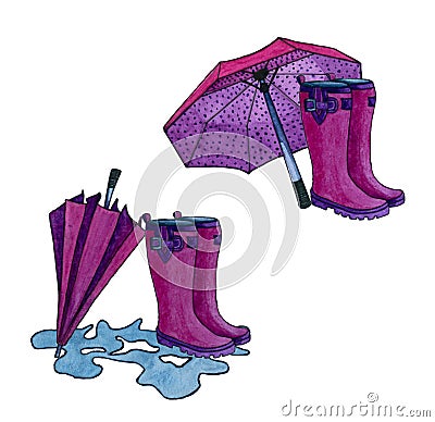 Set of dark pink boots with a different umbrellas. Cartoon Illustration