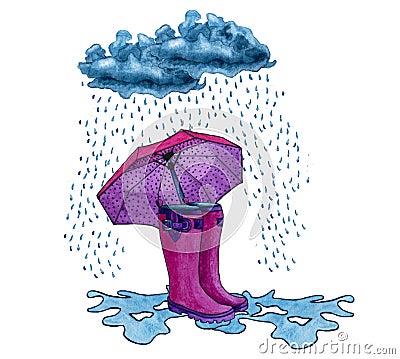 Set of dark pink boots with a different umbrellas. Cartoon Illustration