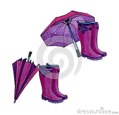 Set of dark pink boots with a different umbrellas. Cartoon Illustration