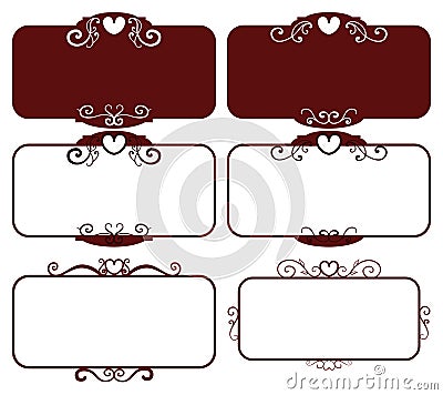 Set dark red vintage frames, design elements. Sketch hand drawn. Decorative border with heart for valentine Vector Illustration