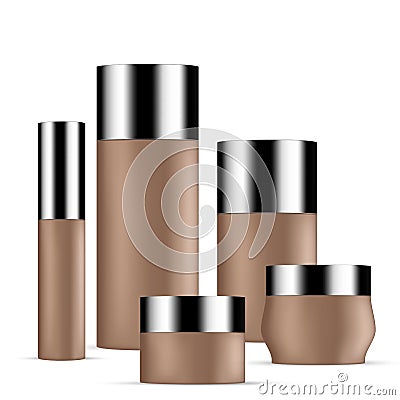 SET of dark skin toned beauty products/cosmetics bottles and containers with silver lid Vector Illustration