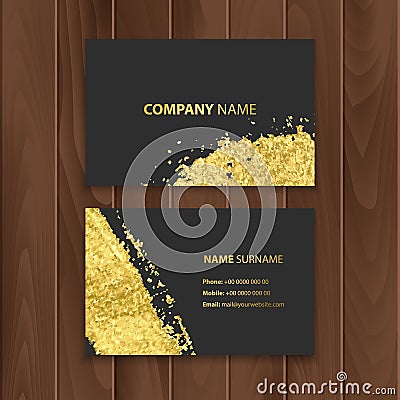 Set of dark visit cards decoration with gold brushes, located on a wooden substrate vector eps 10 Vector Illustration