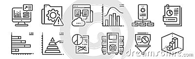 Set of 12 data analytics icons. outline thin line icons such as d, data, pyramid, api, web hosting, system Vector Illustration