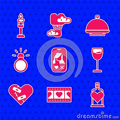 Set Dating app online, Play Video with heart, Bottle love potion, Wine glass, Healed broken, Diamond engagement ring Vector Illustration