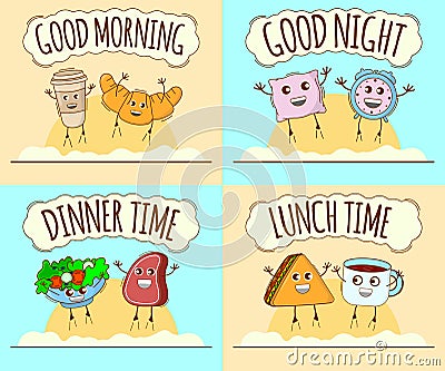 Set of Day Icon. Good Morning, Good Night, Dinner Time, Lunch Time Banner. Cute Character, Concept Label. Cartoon Vector Vector Illustration