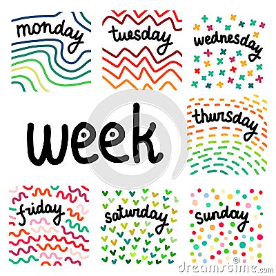 Set of days in a week hand drawn illustrations Vector Illustration