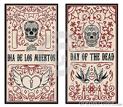 Set of Dead day banner template. Sugar skulls. Vector Illustration