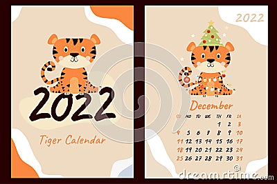 Set - December 2022 calendar and cover. Cute tiger cub with a Christmas tree, toys and garlands. Year of the Tiger in Chinese or Vector Illustration