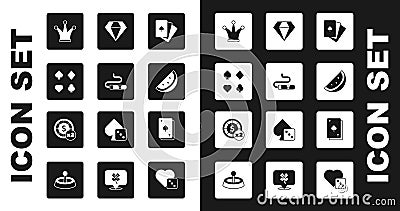 Set Deck of playing cards, Cigar, Joker, Casino slot machine with watermelon, Diamond, Playing spades and chips icon Vector Illustration