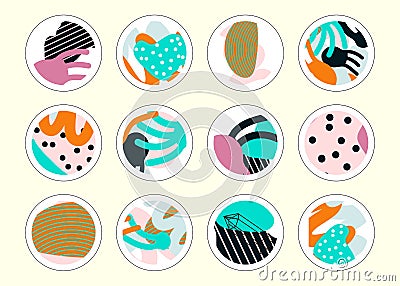Set of decor elements and stickers with hand drawn textures Vector Illustration