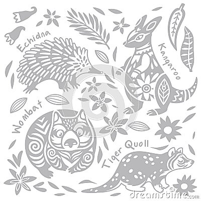 Set with decorated Australian animals in vector. Echidna, Wombat, Kangaroo and tiger quoll Vector Illustration