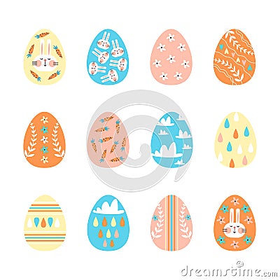 Set of decorated Easter eggs isolated on white background. Paschal symbols covered with various ornaments. Flat Vector Illustration
