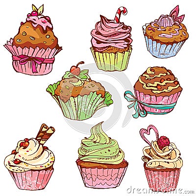 Set of decorated sweet cupcakes - elements for cafe Vector Illustration
