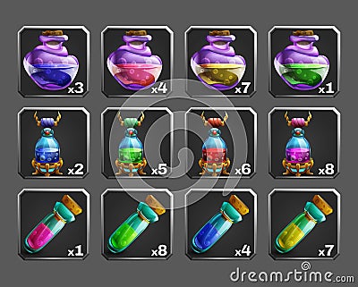 Set of decoration icons for games. Bottles of potion. Vector Illustration