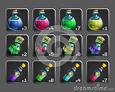 Set of decoration icons for games. Bottles of potion. Vector Illustration