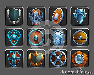 Set of decoration icons for games. Collection of medieval shields. Vector Illustration