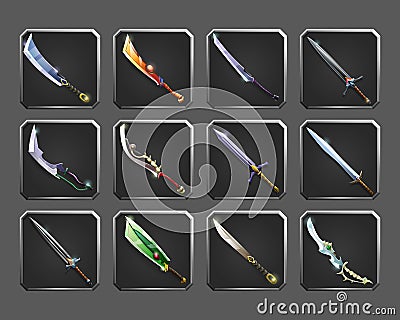 Set of decoration icons for games. Collection of medieval weapons. Vector Illustration