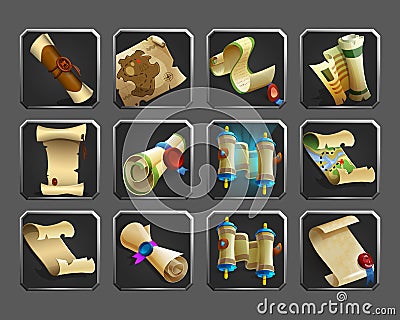 Set of decoration icons for games. Collection of scrolls, parchments, maps. Vector Illustration