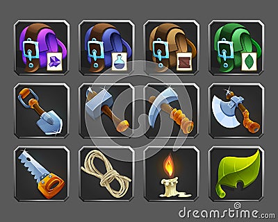 Set of decoration icons for games. Tools, bags, candle, rope. Vector Illustration