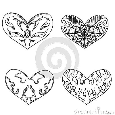 Set of decoration patterned heart with style mandalas. Vector Illustration