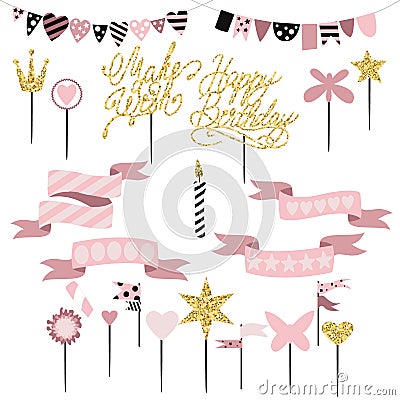 Set of decoration, toppers, candles and garlands with flags Vector Illustration