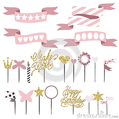 Set of decoration, toppers, candles and garlands with flags Vector Illustration