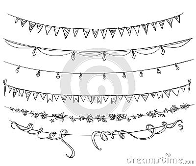 Set of decorations. Flags and lights. Vector sketch. Vector Illustration