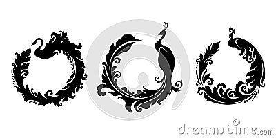 Set of decorative birds: swan, peacock Vector Illustration