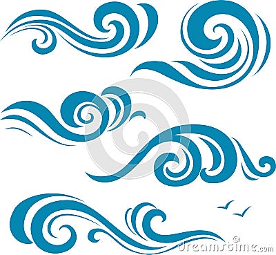 Set of decorative blue wave silhouettes. Vector Illustration