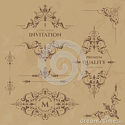 Set of decorative borders, frames, corners and monograms. Vector Illustration