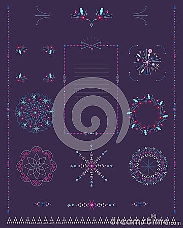 Set of decorative borders, frames, rosettes of thin microscopic elements. Vector Illustration