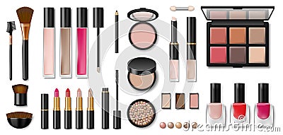 Set of decorative cosmetics. Blank template of containers for face cosmetic, concealer, eyeshadow, lipstick, makeup Vector Illustration
