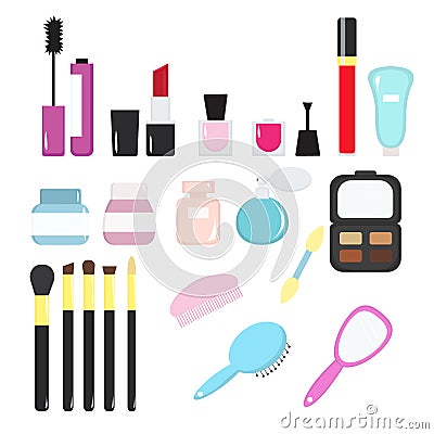 Set of decorative cosmetics, in a flat style, bright colors. Vector Illustration