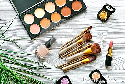 Set of decorative cosmetics on gray table background top view Stock Photo