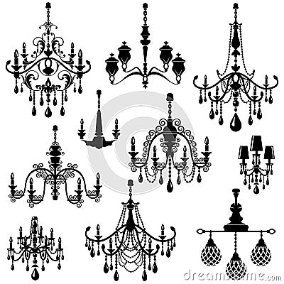 Set of Decorative elegant luxury vintage crystal chandelier icon Vector Illustration