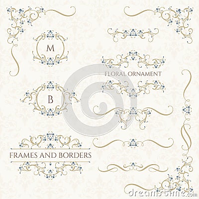 Set of decorative elements with blue flowers Vector Illustration